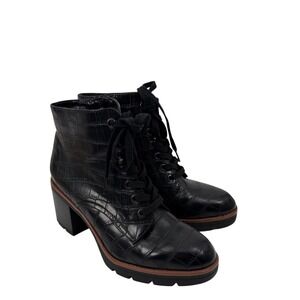 Naturalizer Madalynn Boot Women 9W Black Croc‎ Lace Up Side Zip Block Heel